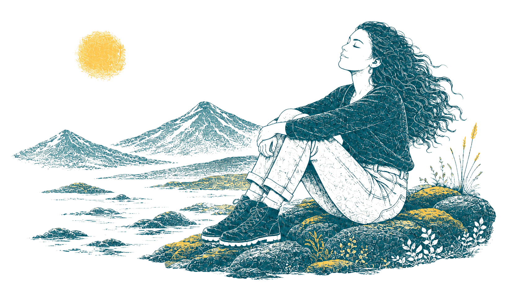 Kona situr á fjalli og horfir yfir landslag.